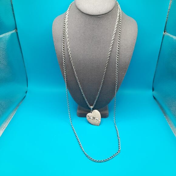 Vintage Heart Layered Long Necklace, Etched Pendant, Silver Tone, 25" - Picture 2 of 9